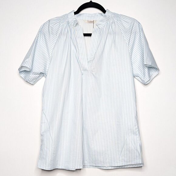 Tucker NYC The Short Sleeve Polo Blouse Sailor Stripe in Light Weight Cotton Top - Picture 1 of 6